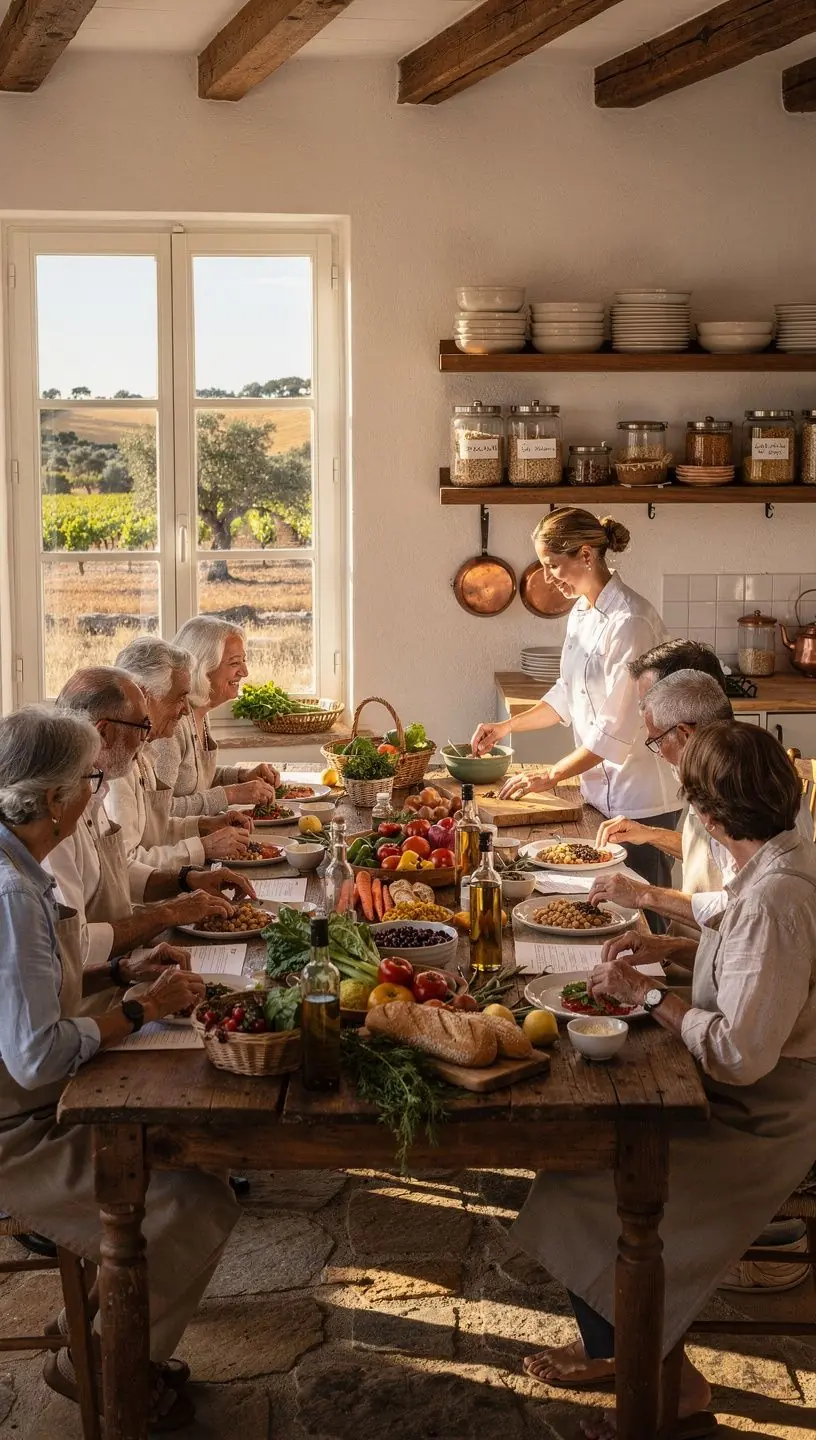 Diverse retirees engaging in planning and dance activities.